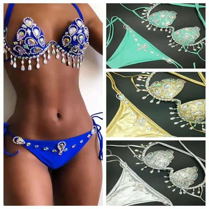2025 New Bikini Diamond Tassel Swimsuit with Steel Bracket High Waist Sexy Nightclub Suit  Bikini Bandage  Push Up Bikini