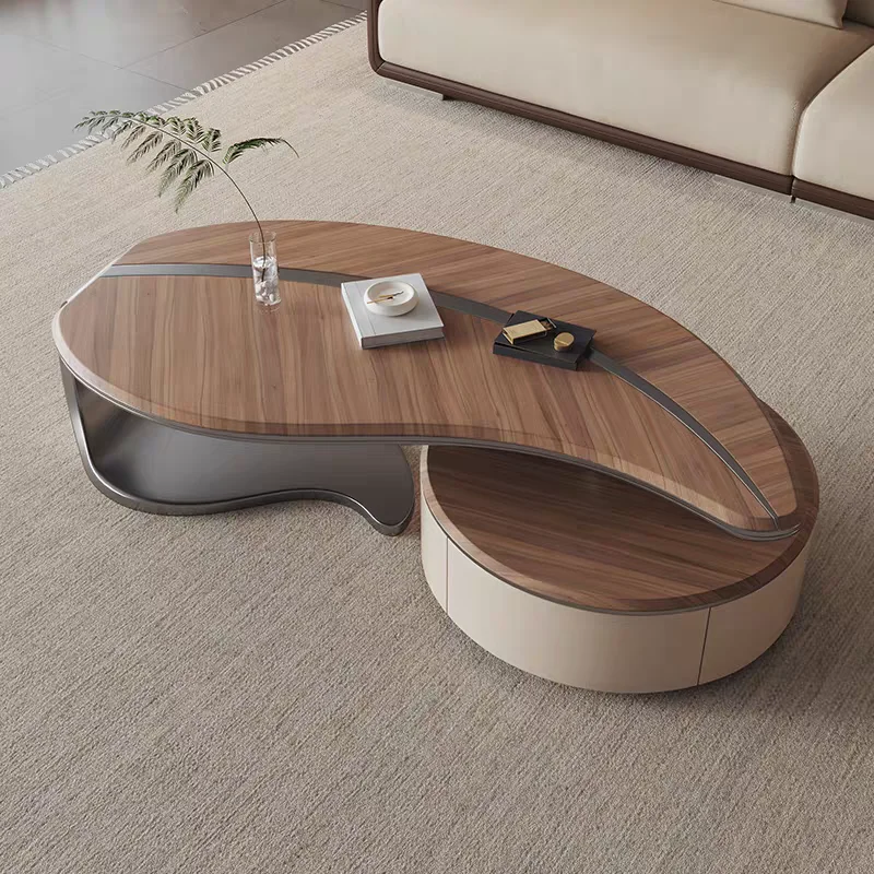 Modern Nordic Leaf-Shaped Coffee Table with Stainless Steel Base Drawer for Home Living Room Furniture