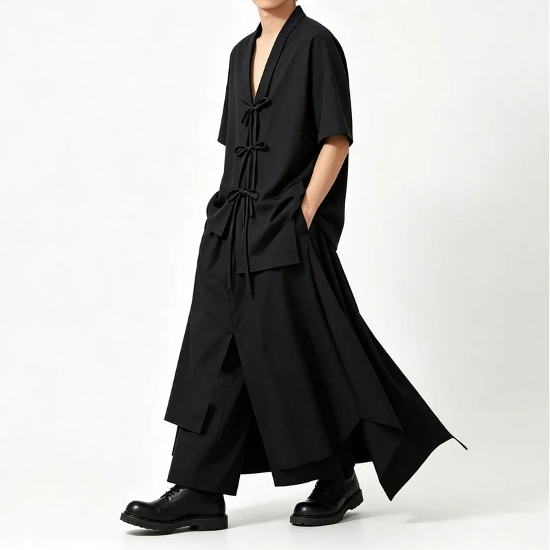 Men'S Casual Pants, Dark-Colored, Wide-Leg Culottes, Loose Fit, High-Waisted, With Drawstring, Cropped Length, A150, Men'S Casua