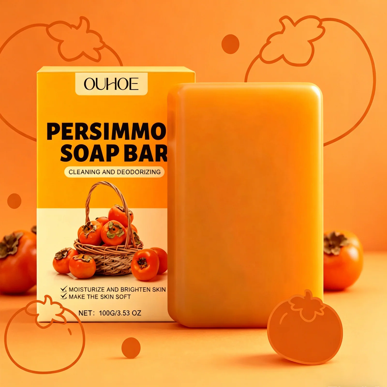 OUHOE 100g Persimmon Fresh Bath Soap Gently Nurses Nourishments and MAoisturizes the Skin Clears Leaves Fragrance