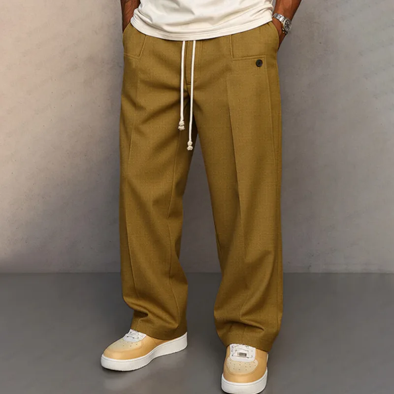 Men Solid Color Button Drawstring Straight Wide Leg Simple Basic Loose Fit Casual Trendy Daily Trousers New Fashion Male Clothes