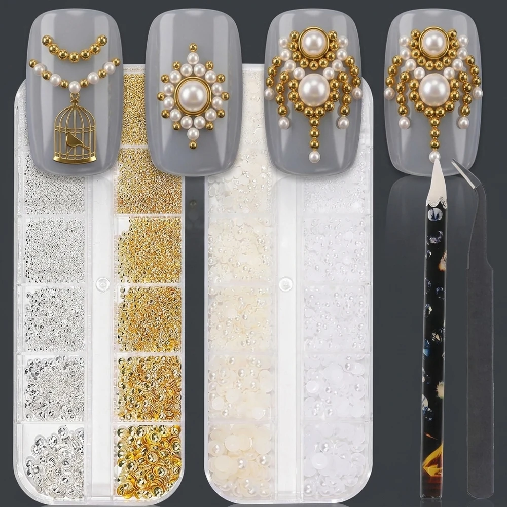 2Boxes 3D Nail Decors Kit MixedSize Gold Silver Mini Steel Beads & White Beige Pearls Nail Charms with Tools For DIY Nails Art*