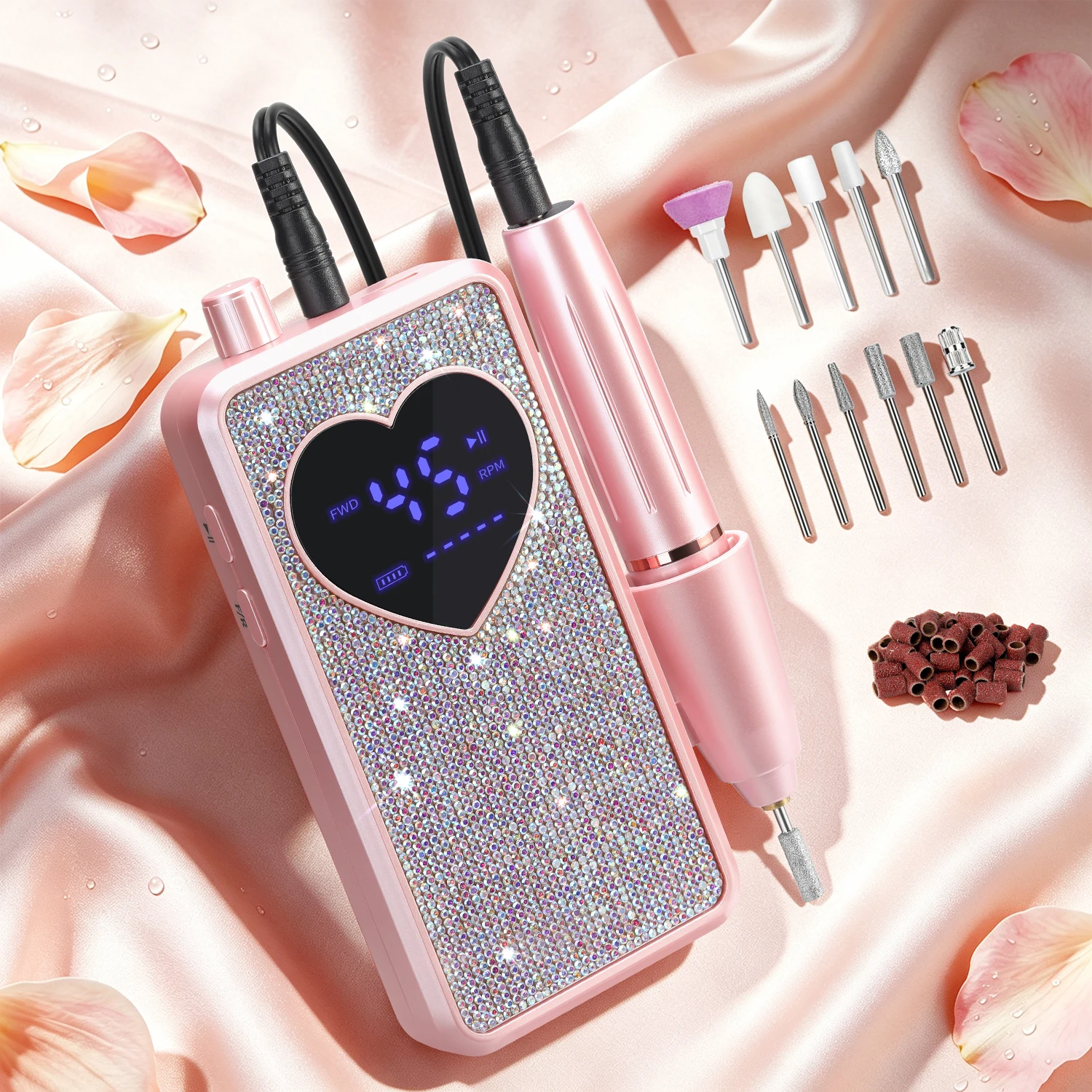 DianaBeauty 45000RPM Nail Drill Machine Portable Nail Polisher with Rhinestone and LCD Display Electric Nail Lathe with 1600mAh