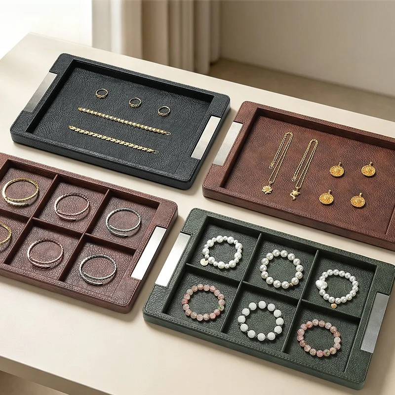 Leather Jewelry Display Tray Retro Ring Display Trays Desktop Necklace Storage Case Counter Earring Pendant Organizer Boxes
