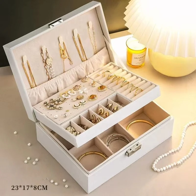 Jewelry Storage Organizer and Makeup CaseDouble-layer Leather Jewlery Box Ring Box Jewelry Boxes and Packaging Necklace Earring