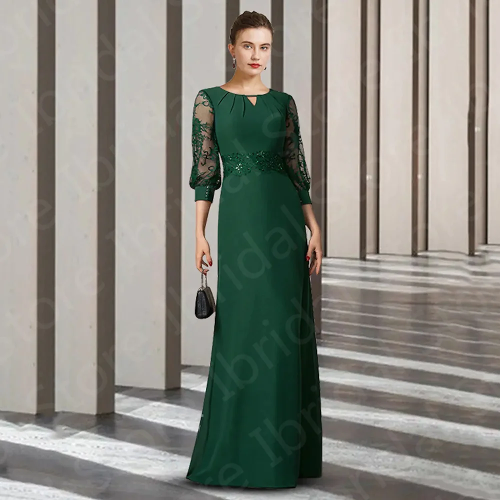 On Sale 2023 Green Mother of the Bride Dresses Lace   3/4 Sleeves Round Neckline Wedding Guest Gowns Sequined