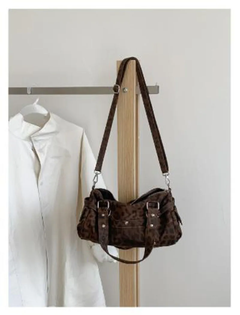 Fashion Brand Highend Style Motorcycle Bag Vintage Rivet Handbag Leopard Print High-quality Shoulder Crossbody Bag