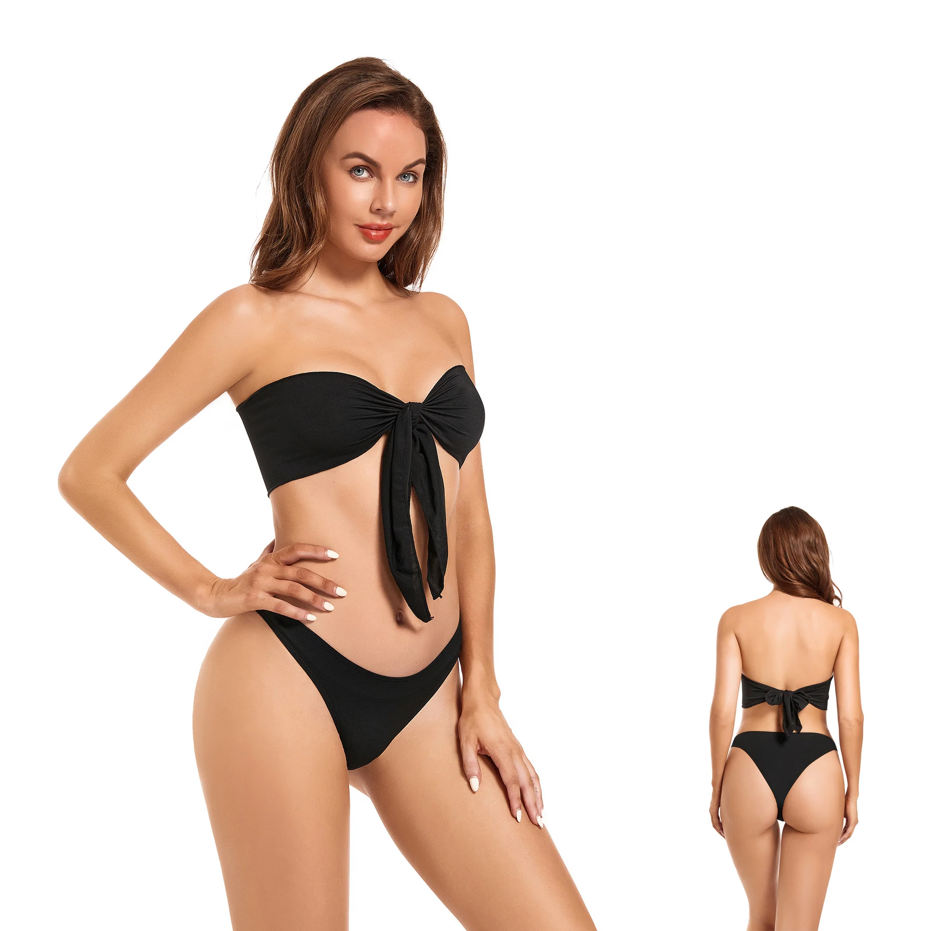 Volagor Sun Permeable Bikini Set No Tan Lines Two Piece Swimsuit Bandeau Front Tie Top Classic Brief Tanning Beachwear