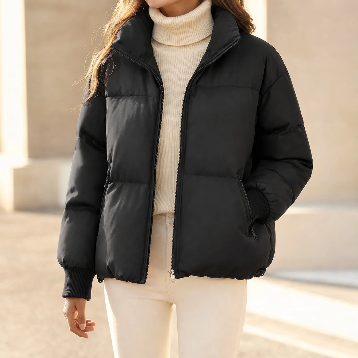 Women's Winter Down Jacket Korean Style Thick Loose Fit Stand Collar Long Sleeve Solid Color Zipper Pocket Women Winter Clothing