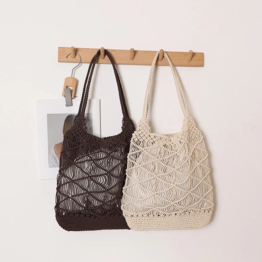 Fashion large-capacity wax rope woven shoulder bag new casual hollow style open-weave straw bag for women beach woven handbags
