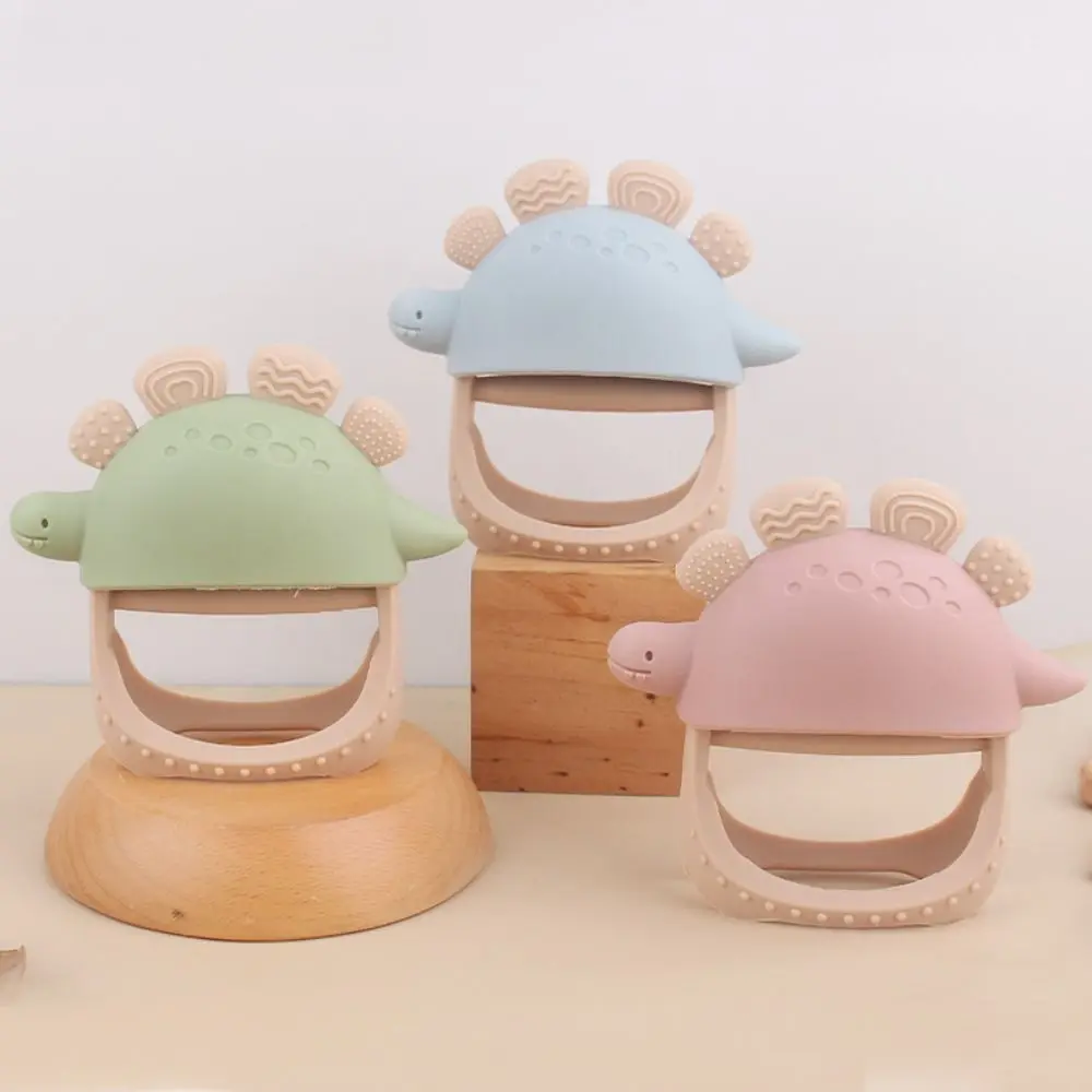 Food Grade Silicone Dinosaur Teether Toy Detachable Textured Surface Infant Chew Toy Easy Grip Wood Sensory Teether Nursery Use