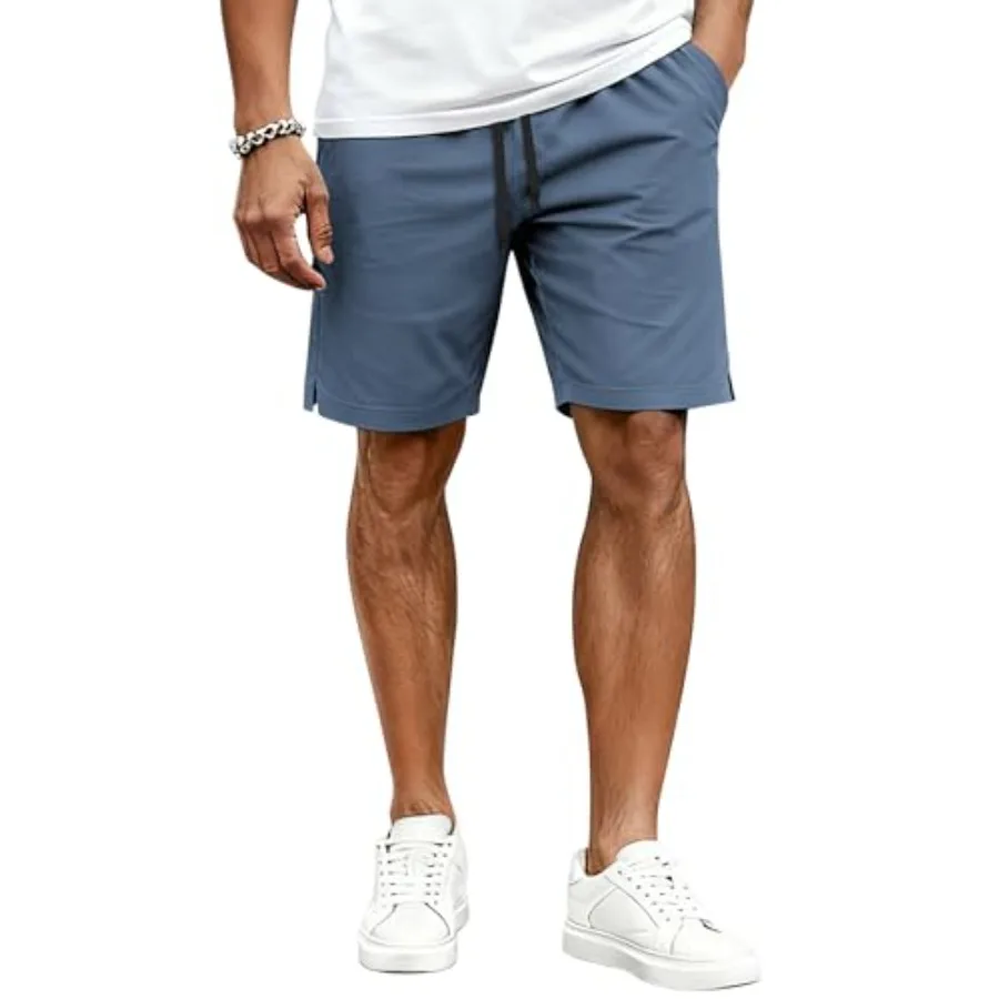 Mens Casual Shorts Cotton Drawstring Elastic Waist Lightweight 9" Chino Golf Shorts Summer Beach Shorts