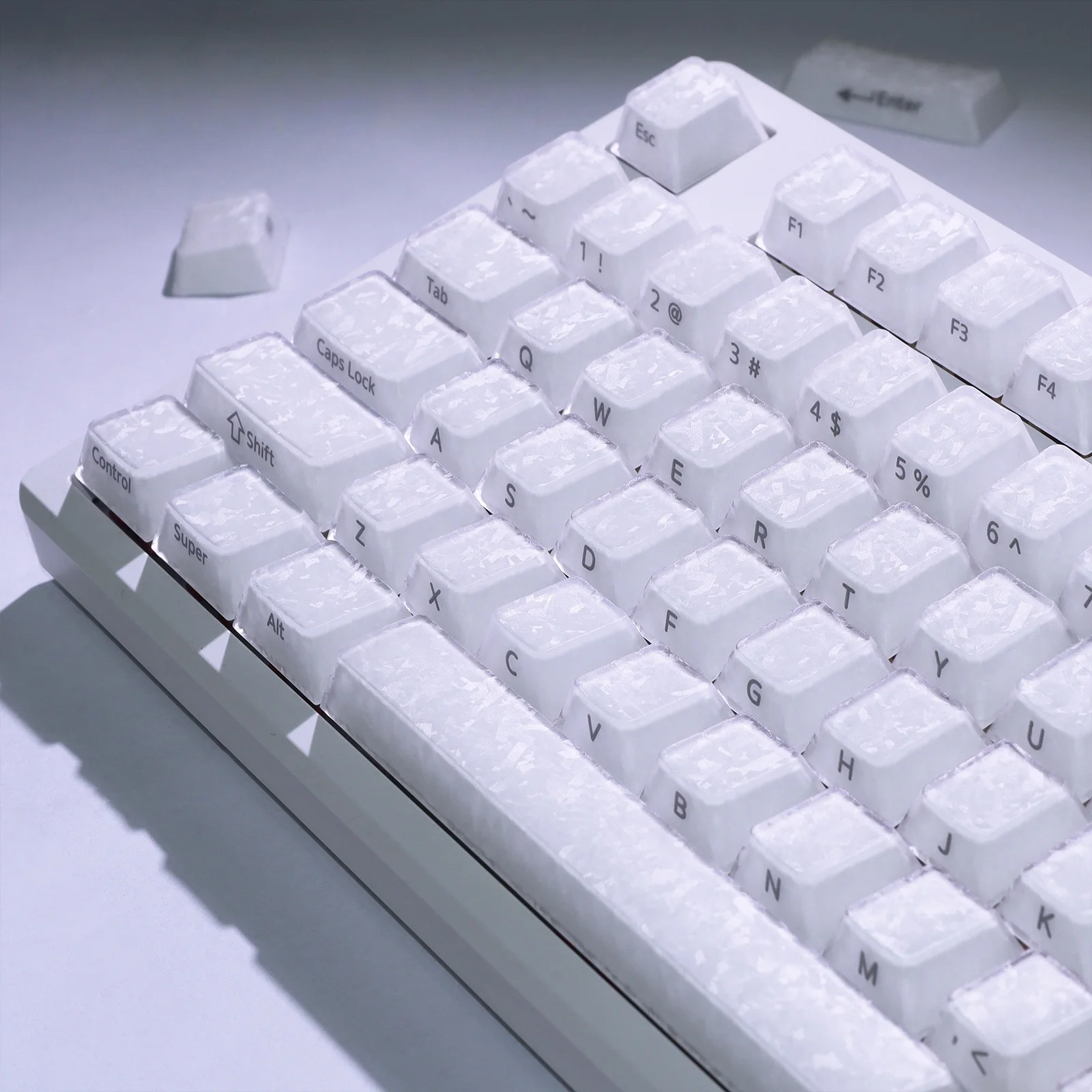 White Forged Carbon Look Jelly Crystal PC Key Cap Side-Printed Double Shot PBT Keycaps Cherry Profile for Keyboard MX Switches