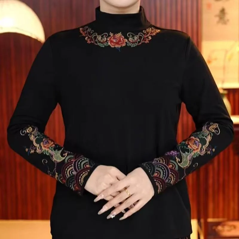 Women's Autumn Winter Cotton Long Sleeve Qipao Top, New Chinese Style Embroidery Half Turtleneck Ethnic Retro Fashion T-Shirt
