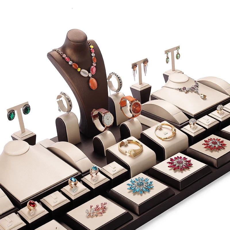 Champagne-colored brushed leather jewelry display stand ring stud necklace pendant bracelet storage display stand