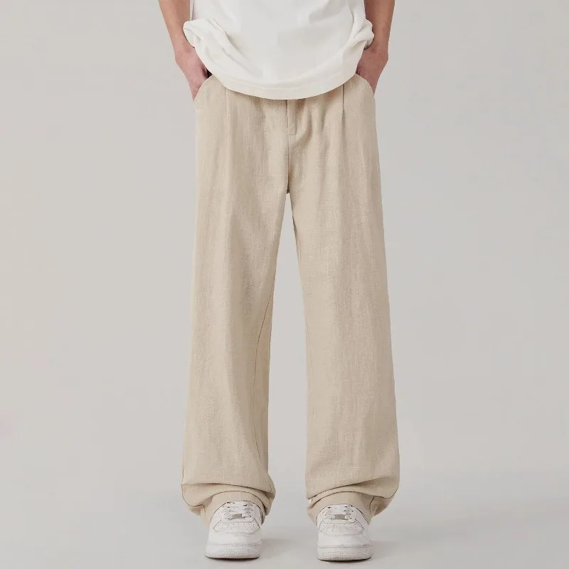 Mens Beige Elastic Waist Wide Leg Pants Casual Loose Fit Straight Trousers