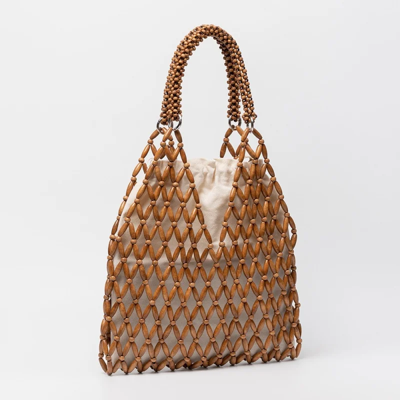 Boho Style Hollow Out Shoulder Bag 2026 New Seaside Natural Maple Wooden Beads Woven Bag Beach Holiday Tote Bag  