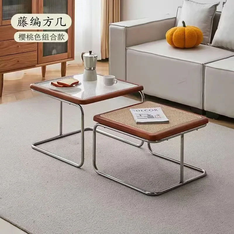 Light Luxury Antique Rattan Tea Coffee Table Simple Combination Small Side Table For Living Room Sofa Side Household Decor