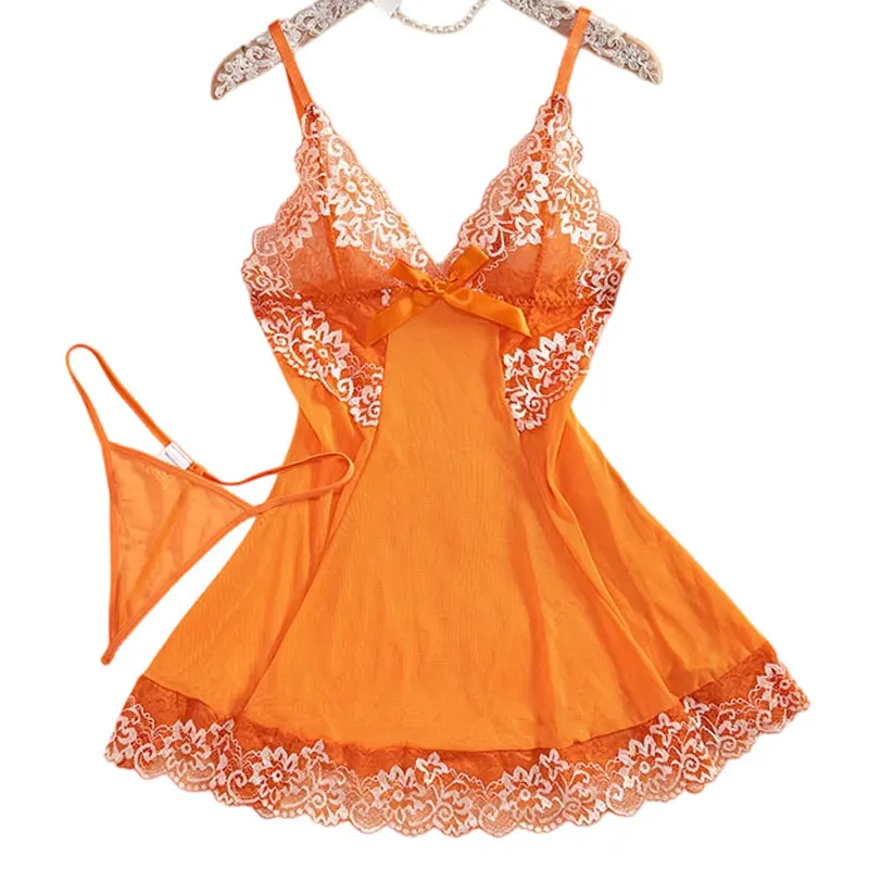 Women's Pajamas Lace Ultra Short Skirt Thong Set Hot Transparent Tulle Nightgown Lady Sets Night Dress Sexy Sleepwear Luxury Kit