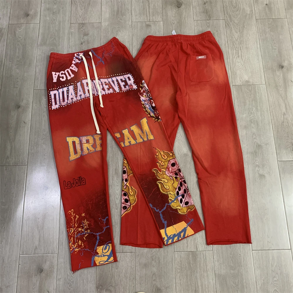 DUAA Red Flame Studded Diamond Dice Pattern Pants Men Women Best Quality Trousers Jogger Drawstring Sweatpants