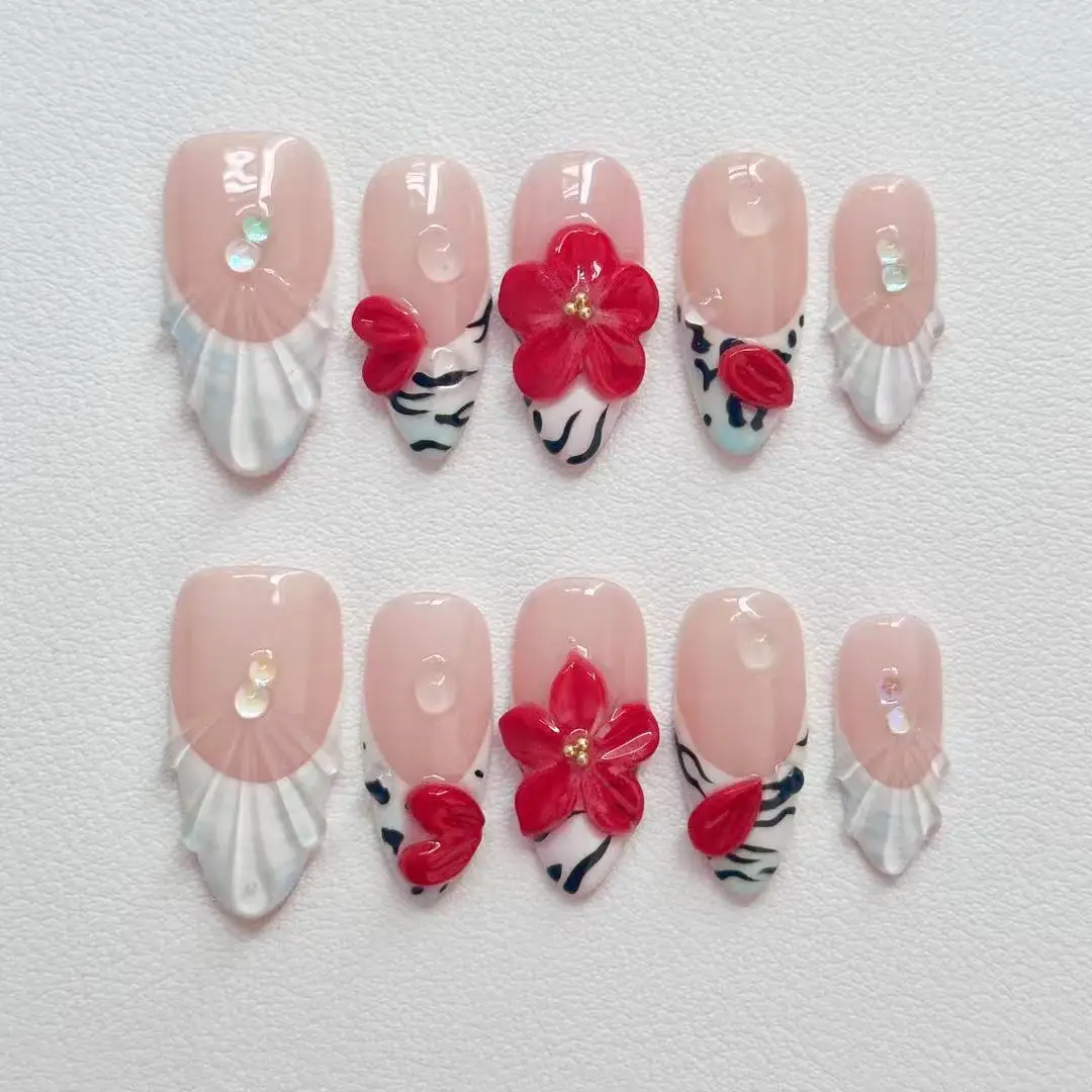 New Handmade Manicure Red Engraved Style 3D Floral Relief Zebra Pattern Handmade Fake Nails Press on Nails Almond Length