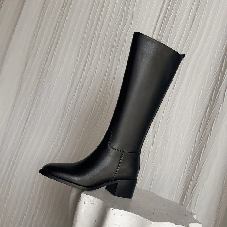 2026Women's thick high heels knee high boots, black round toe low heel mid length boots, autumn and winter women's boots