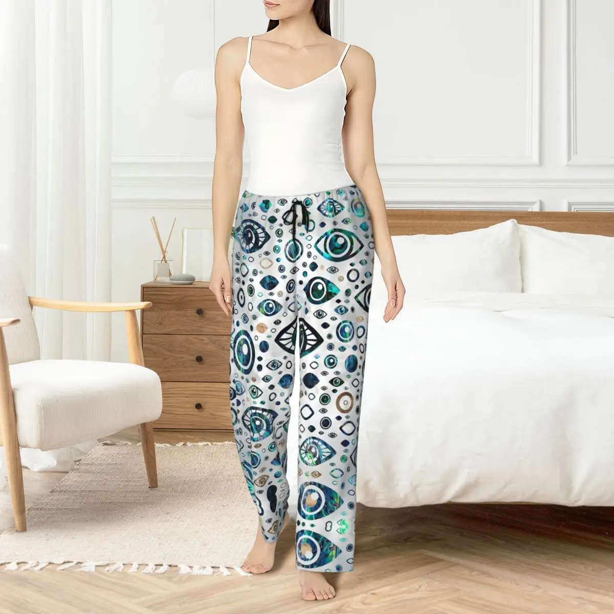 Custom Printed Nazar Evil Eye Pajama Pants Women Symbol Amulet Sleep Sleepwear Bottoms with Pockets