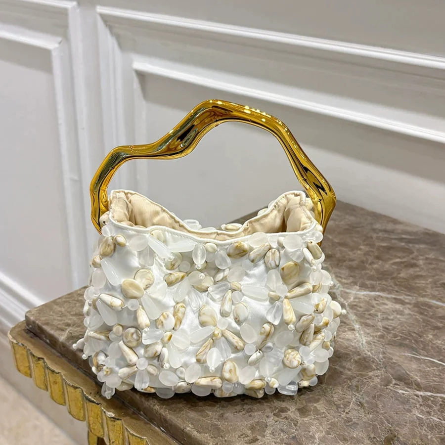 Party Evening Clutch Bag Fashion Beach Vacation Style Stone Underarm Bag With Soft Metallic Beaded Design Unique Shaped Handbag