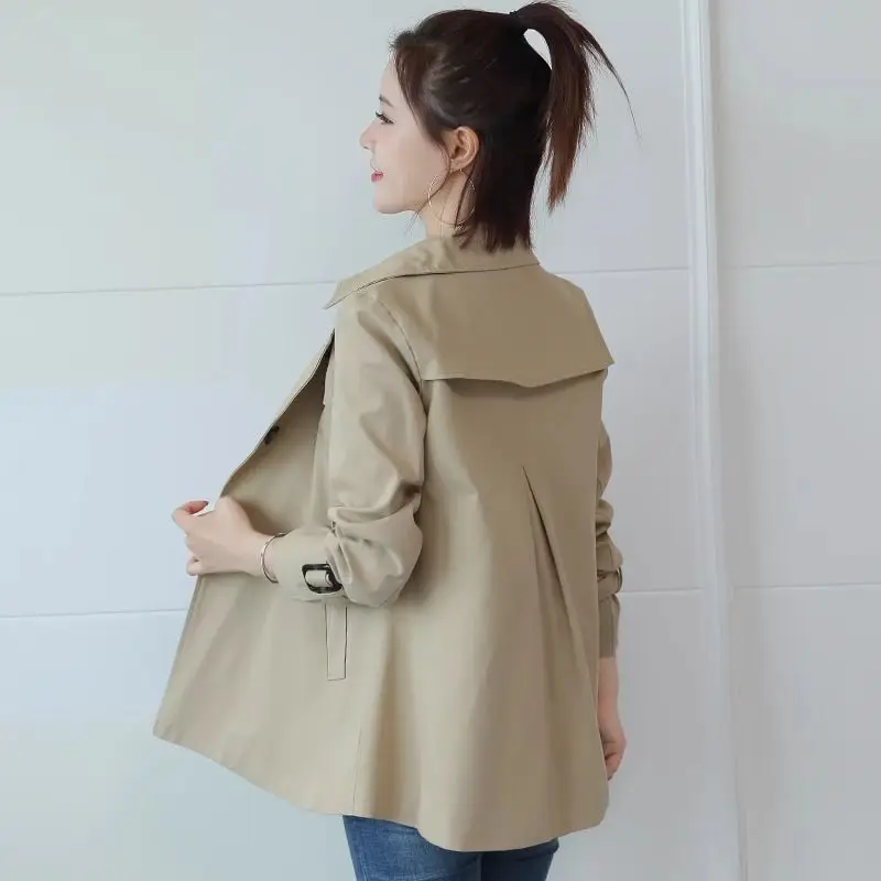 Spring Autumn Short Trench Coat Women's Khaki Design Long Sleeve Jacket Single-Breasted Coats Tie Black Tops
