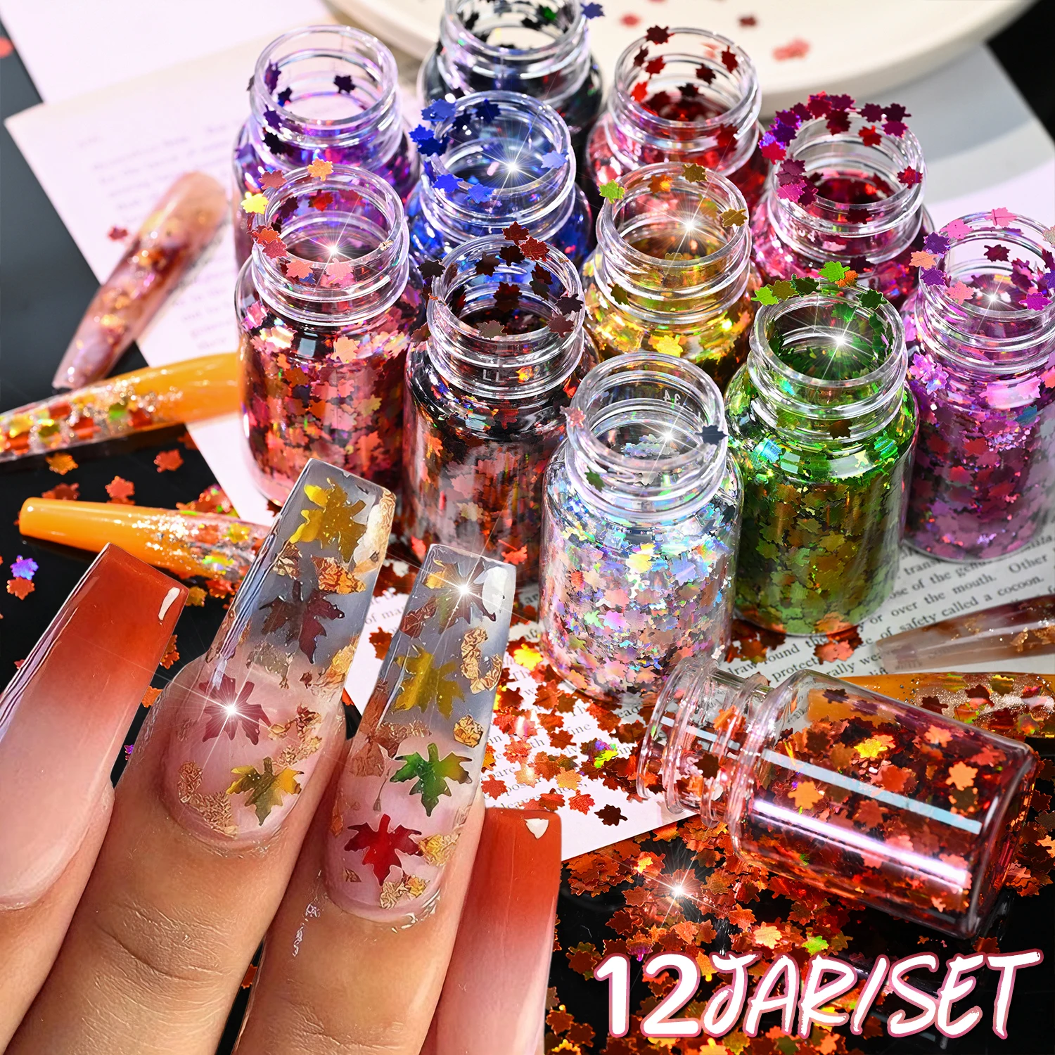 12PCS Maple Leaf Nail Glitter Flakes Set Holographic Fall Leaf Shaped Nail Sequins Metallic Shimmer for Autumn Nail Art Jewelry*