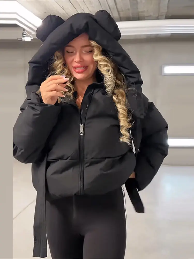 Solid Women Padded Jacket Stand Collar Hooded Zipper Long Sleeve Lady Down Coat Chic Female Winter Streetwear 2026