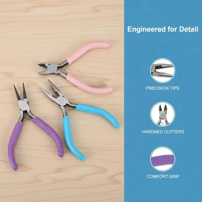 Jewelry Making Plier Tool Set Beginner Friendly Non-Slip Handles Stainless Steel for DIY Beading Jewelry Repair