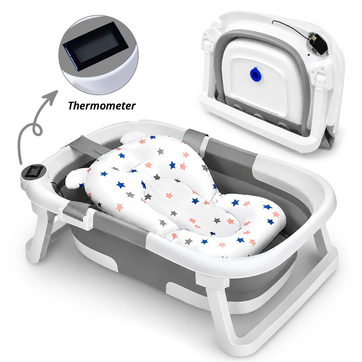 Baby Bathtub for Infants to Toddler, with Soft Cushion & Thermometer, Foldable Baby Bathtub, Portable Travel Baby Tub for Newborn