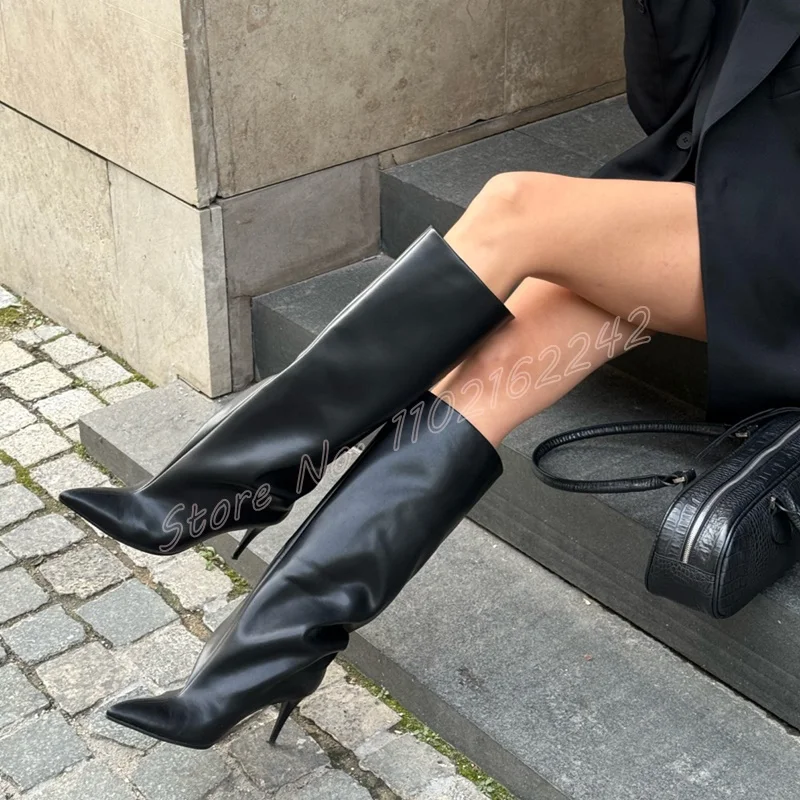 Autumn Black Leather Wide Leg Knee High Boots With Pointed Toes Slim High Heels Slip On Long Boots Trendy Party And Runway Boots
