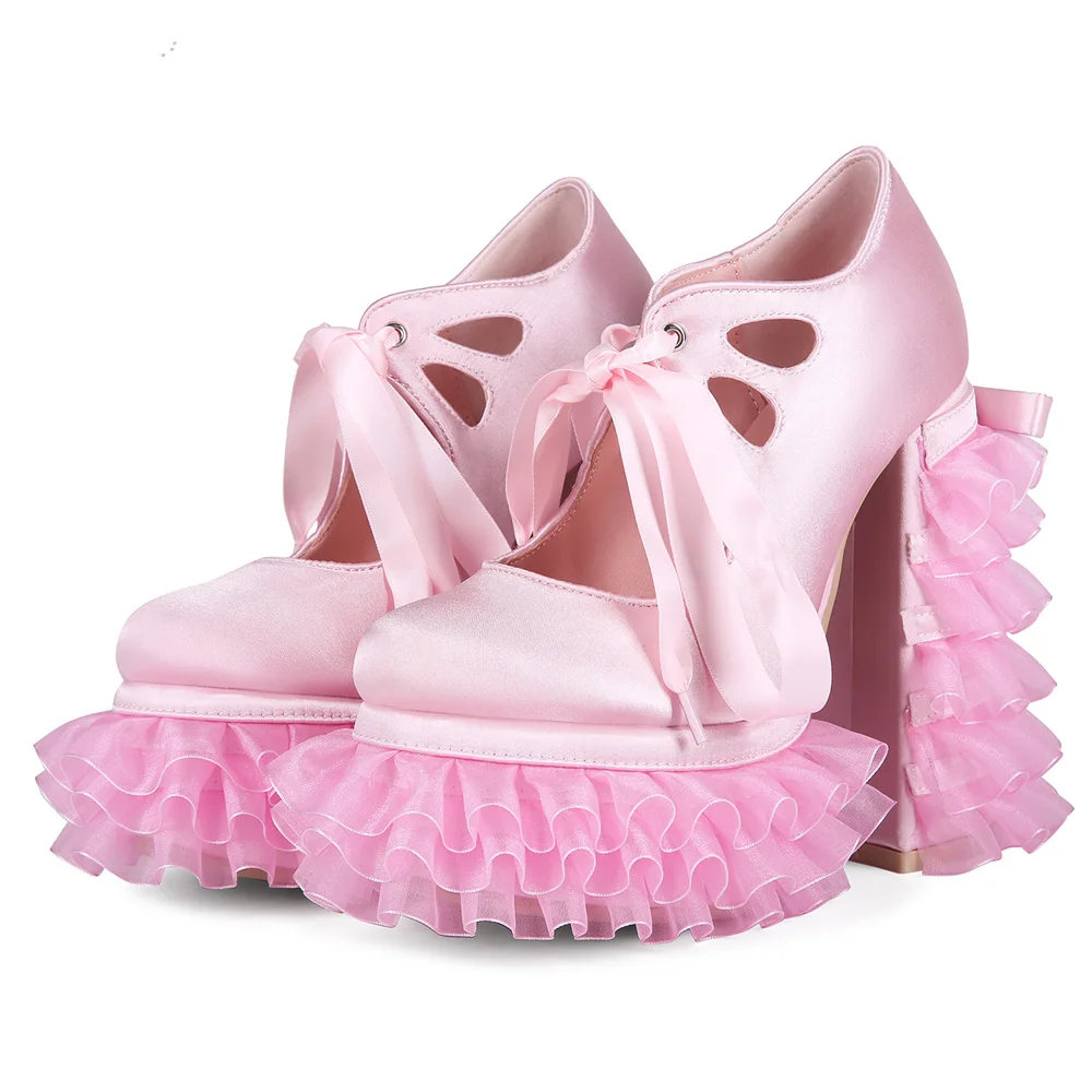 Pink Satin Sweet Lolita Platform High Heels Women Ruffle Frill Block Heel Pumps Bow Lace-up Princess Cosplay Mary Jane Shoes