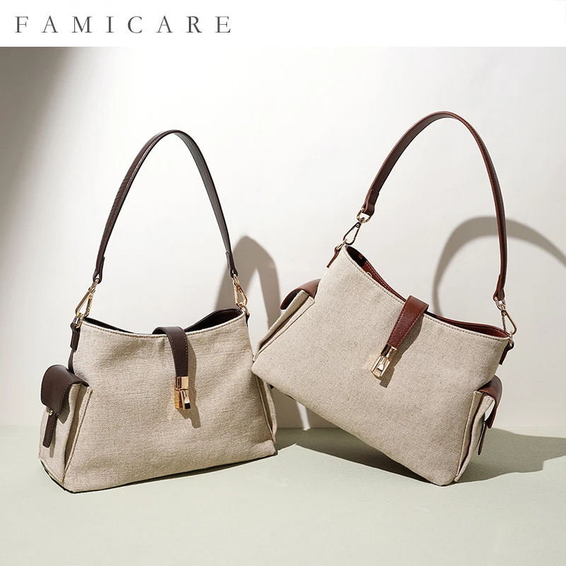 Women Fashion Color Block Linen Cotton Large Capacity Tote Bag Lazy Versatile Shoulder Handbag for Daily Work Casual Daily Wear