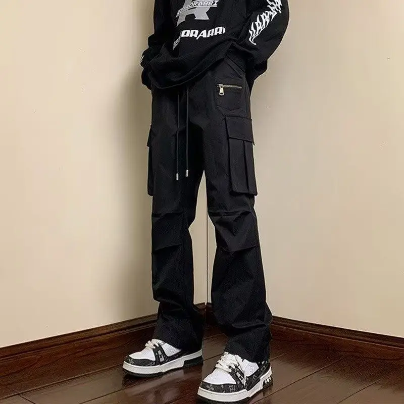 Men Black Straight Cargo Pants High Street Casual Trousers Winter Warm Sports Joggers Fashion Trendy Male Long Pants