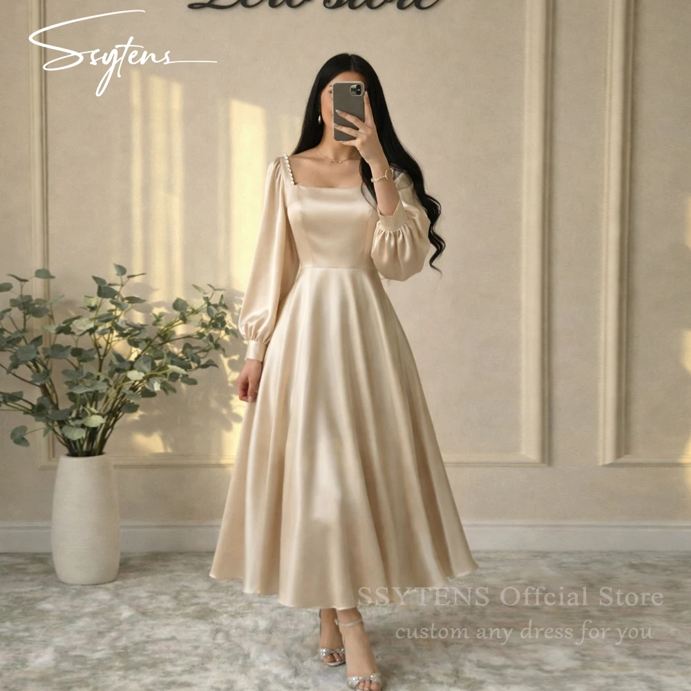 SSYTENS Champagne Evening Dresses Customized A-Line Square Neckline Long Sleeves Floor-Length  Long Dresses Wedding Party Dress