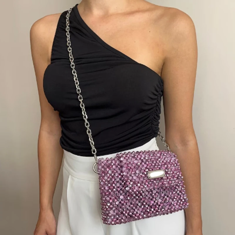 Shiny Crystal Flip Square Bag Ins Niche Design Chain Ladies Crossbody Bags New Handmade Beaded Customizable Color Party Handbag