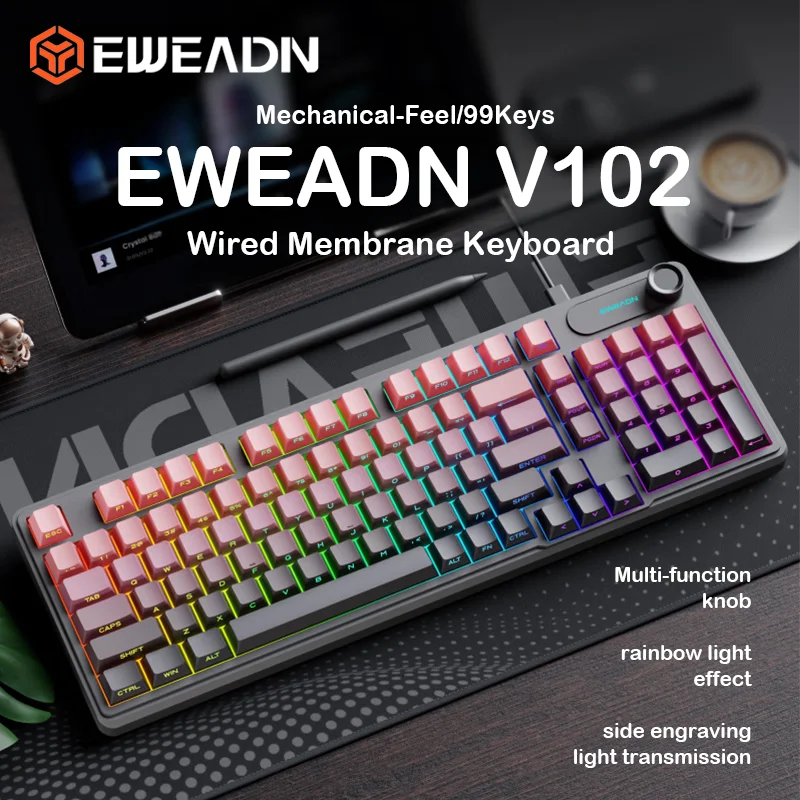 EWEADN V102 Wired Keyboard 98 Keys RGB Backlit Membrane Keyboard with Rotary Knob Side Printed Keycaps For PC Laptop