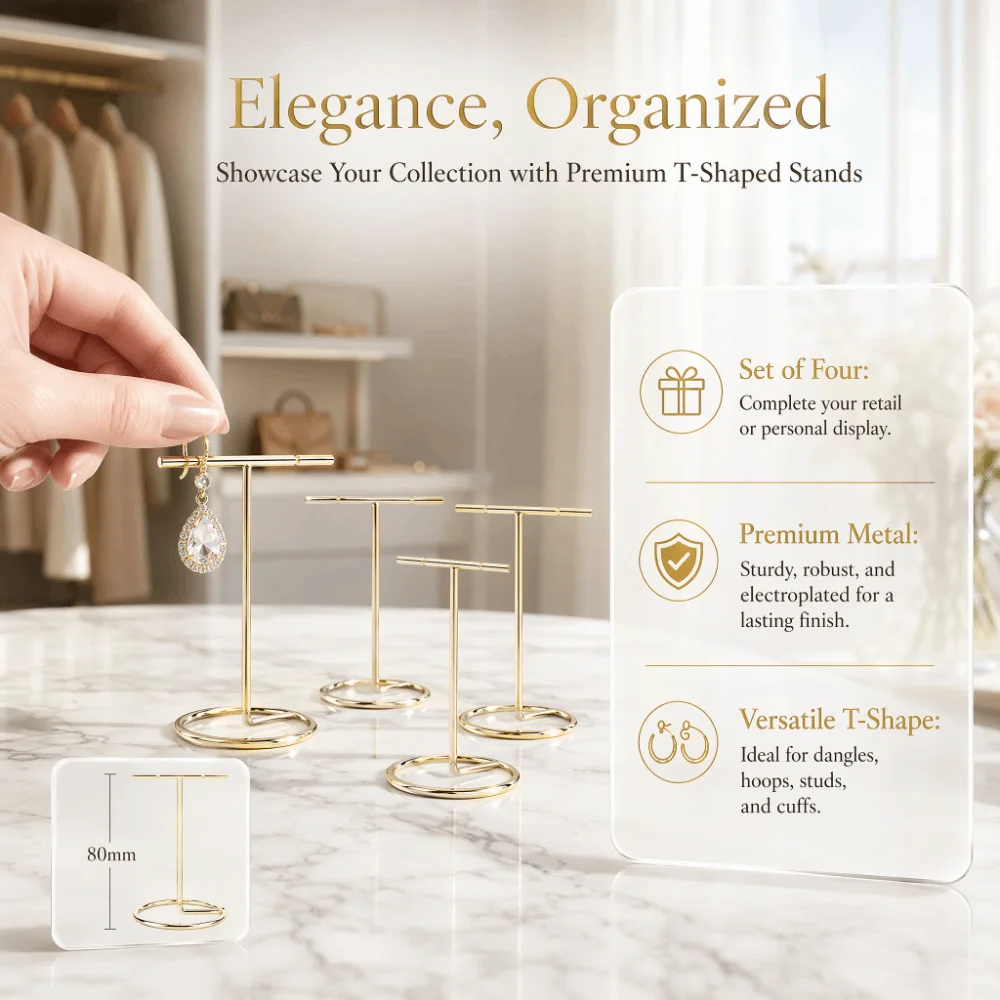 4pcs Slotted T Shaped Earring Display Stand Metal Gold Organizer Stand Vertical Jewellery Display Stand Home Storage