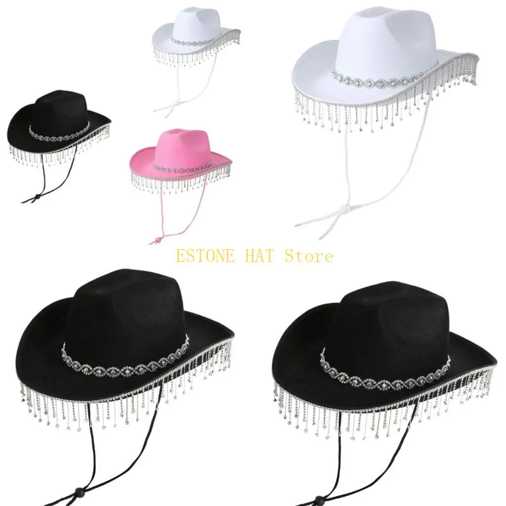 49MF Party Fashion Hat Tassels Women Hat Crystal Glitter Hat for Party and Travel