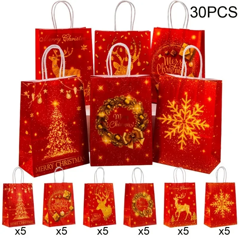 30pcs Christmas Gift Packaging Bags Red Party Hand-held Reindeer Snowflake Wreath Kraft Paper Bags for Christmas Decoration 2026