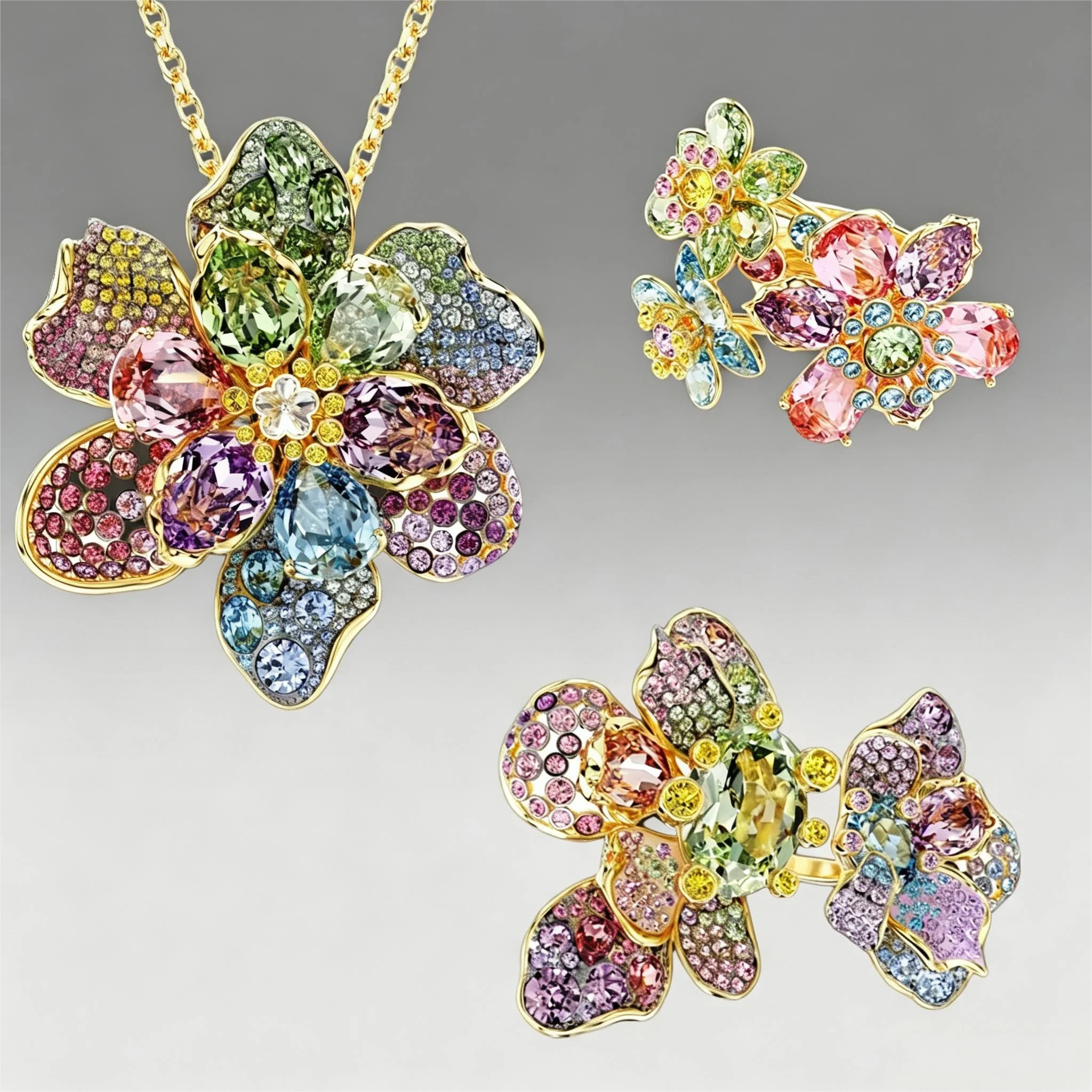 2026 New Trendy Octagonal Crystal Geometric Necklace Earrings Ring Set for Women Exquisite Floral and Butterfly Jewelry Set