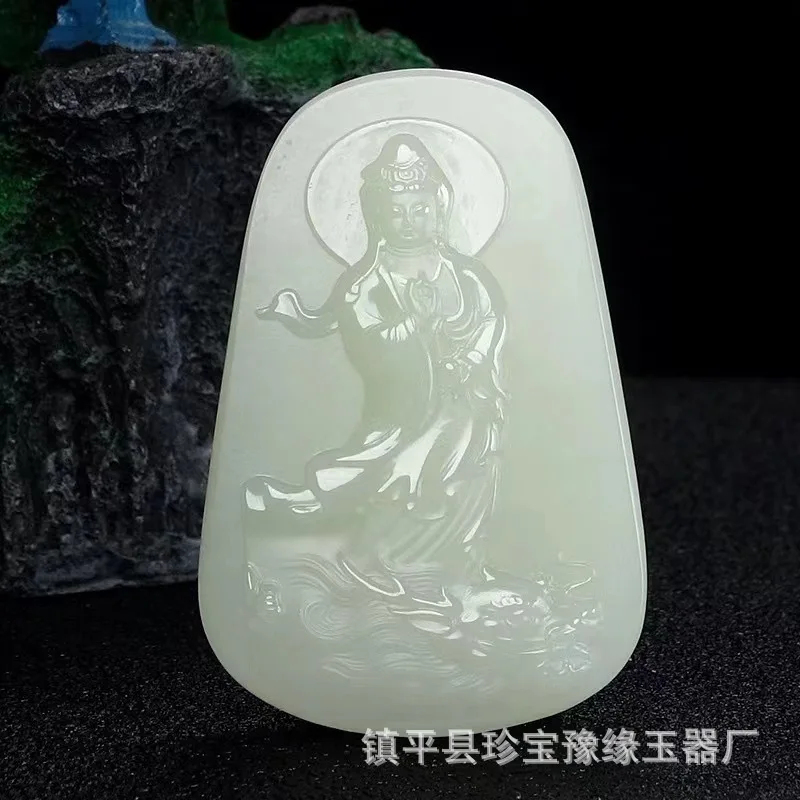 Hetian Jade Riding Dripping Hanging Pendant Standing Guanyin Buddha Statue Men