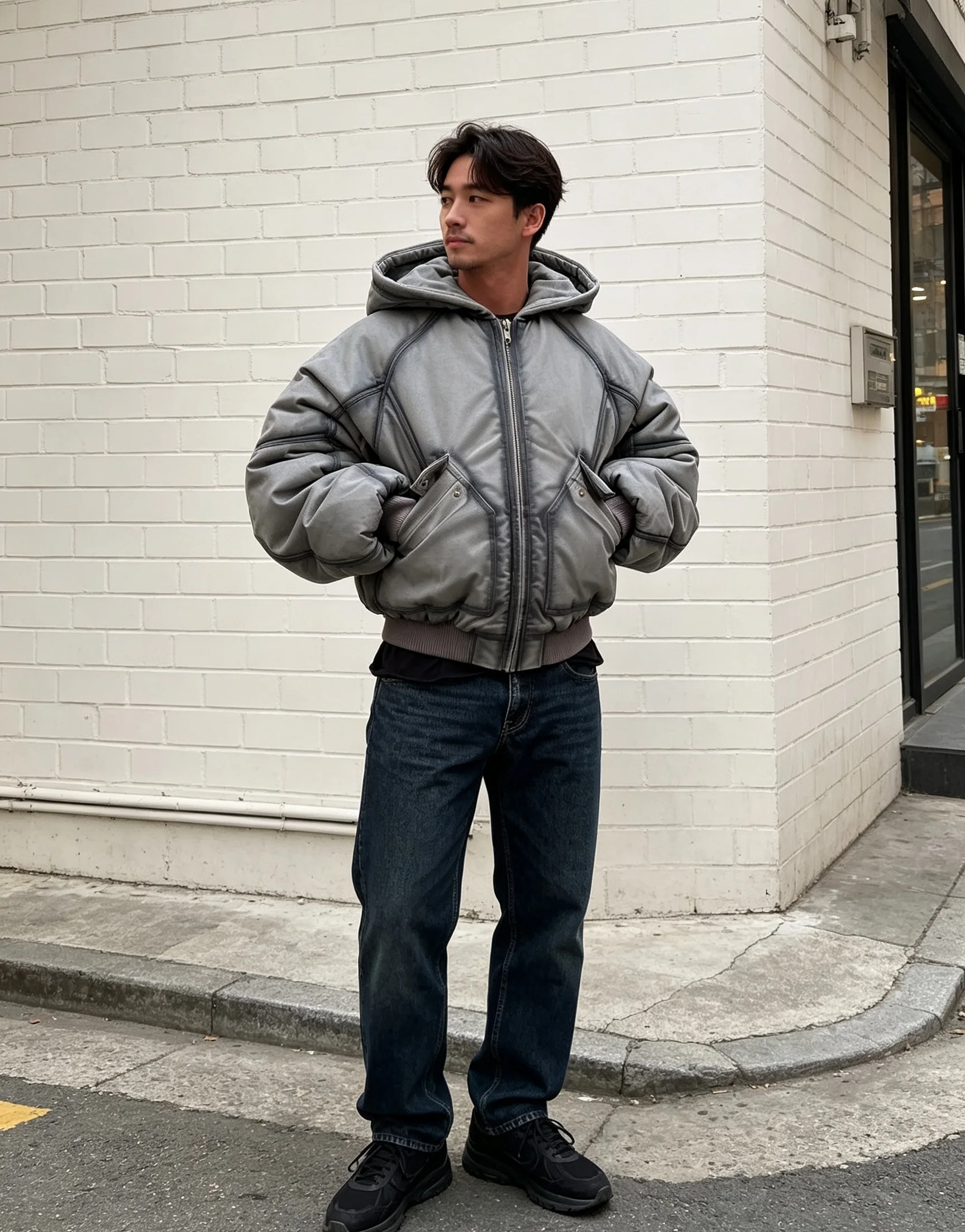 Vintage Goth Men Washed Gradient Bomber Jacket Oversized Hooded Padded Coat Y2K Loose Cropped Outerwear Winter Streetwear Jacket