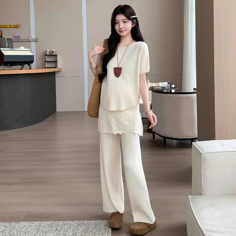 Maternity Suit Summer Minimalist Casual Fashion Solid Color Shirt and Patchwork Wide Leg Pants for Pregnant Women 2026