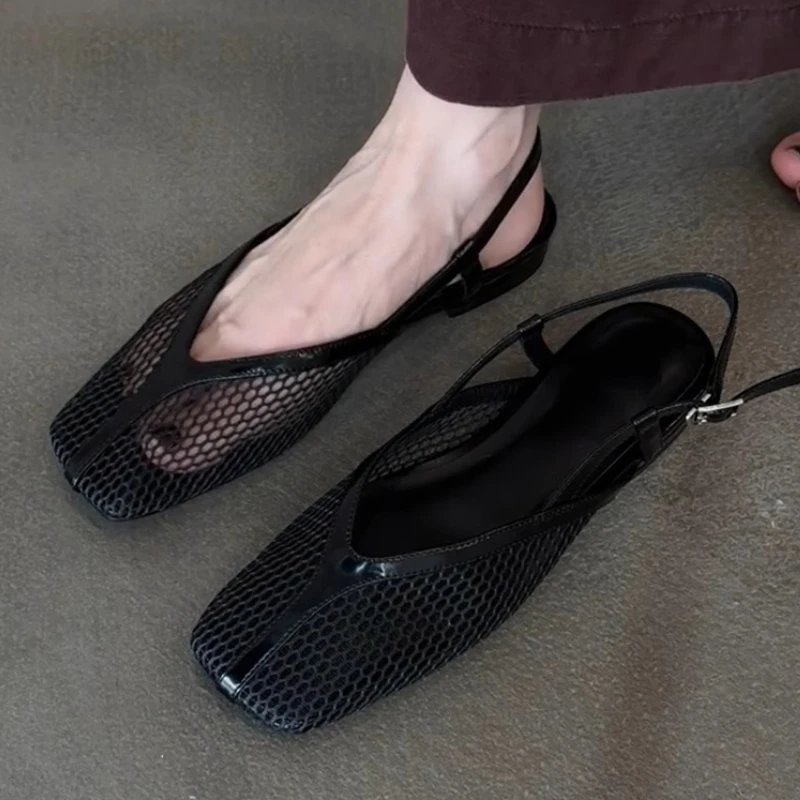 Comfort Black Flat Sandals Women Mesh Breathable Summer Brand Casual Shoes Fashion Square Toe Non Slip Beach Shoes Zapatos Mujer