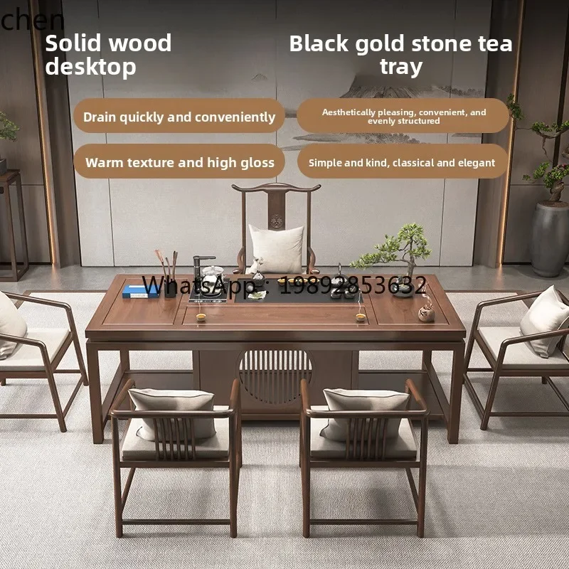 HT New Chinese Zen Style Large Tea Table Office One Table Five Chairs Solid Wood Tea Table for Home Use