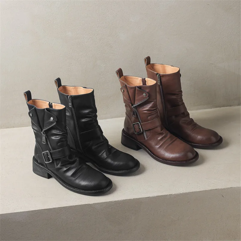 New Autumn/winter Split Leather Women Boots Round Toe Shoes for Women Fashion Boots Mid Heels Buckle Side Zipper Work Boots